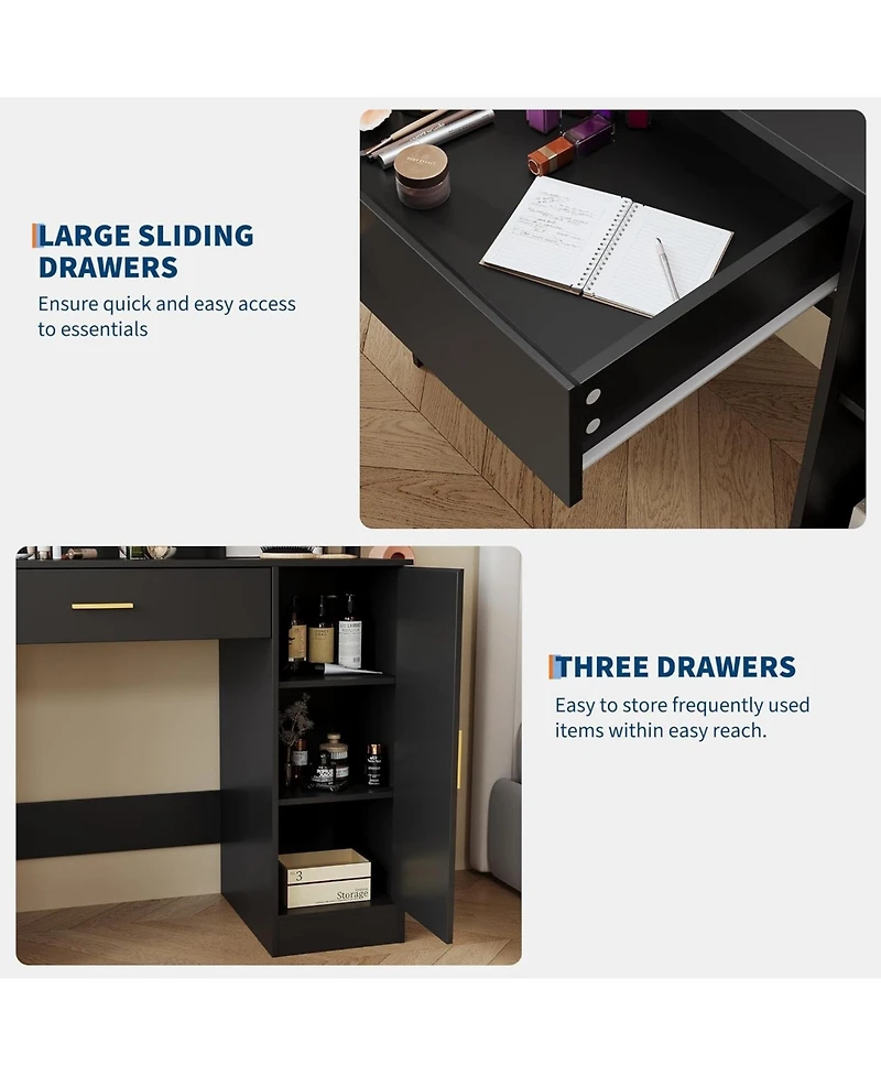 gaomon Vanity with Mirror, Three-Level Adjustable Lighting, Drawer Cabinet, Power Outlet and Stool Compact Design Ideal for Bedrooms Apartments