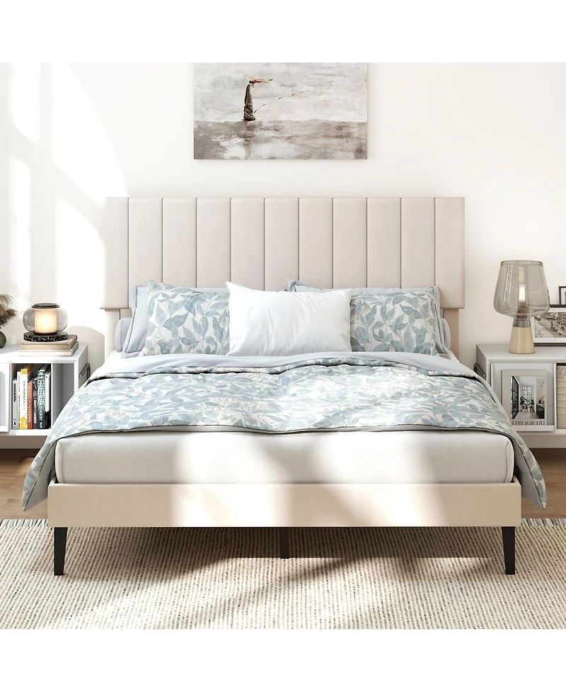 Slickblue Modern Velvet Upholstered Platform Bed Frame with Durable Wooden Support Base