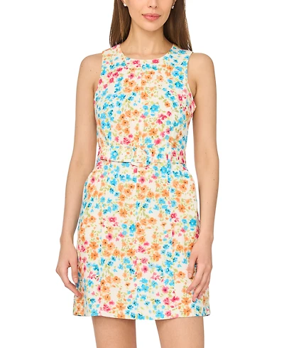 CeCe Women's Floral Belted Crewneck Mini Dress