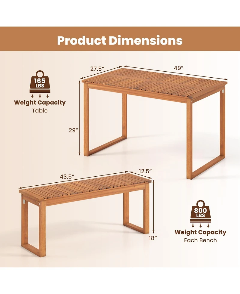 Gymax 3 piece Acacia Wood Picnic Set 43.5'' Outdoor Dining Table w/2 Benches for Yard