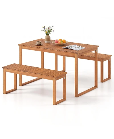 Gymax 3 piece Acacia Wood Picnic Set 43.5'' Outdoor Dining Table w/2 Benches for Yard