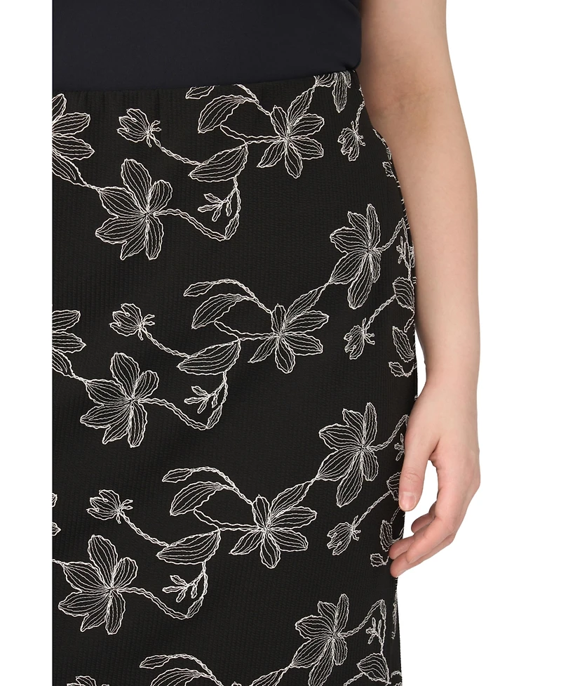 Vince Camuto Plus Floral Embroidered Pull-On Midi Skirt