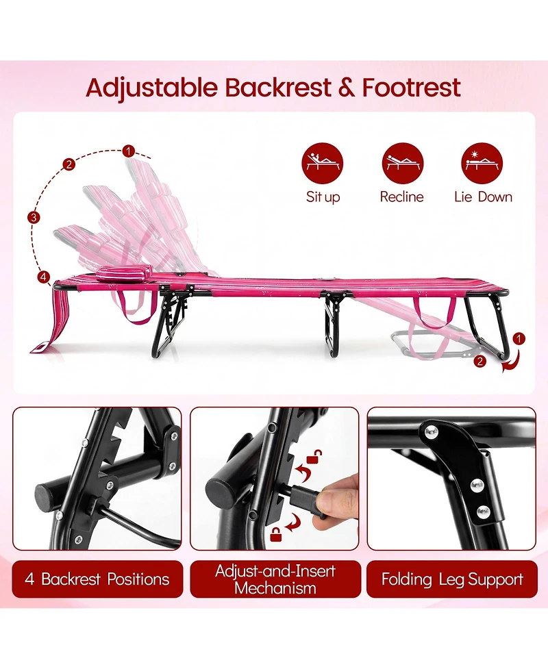 Gymax 2PCS Folding Beach Sun Lounger w/Face Hole Removable Pillows 4-Position Backrest