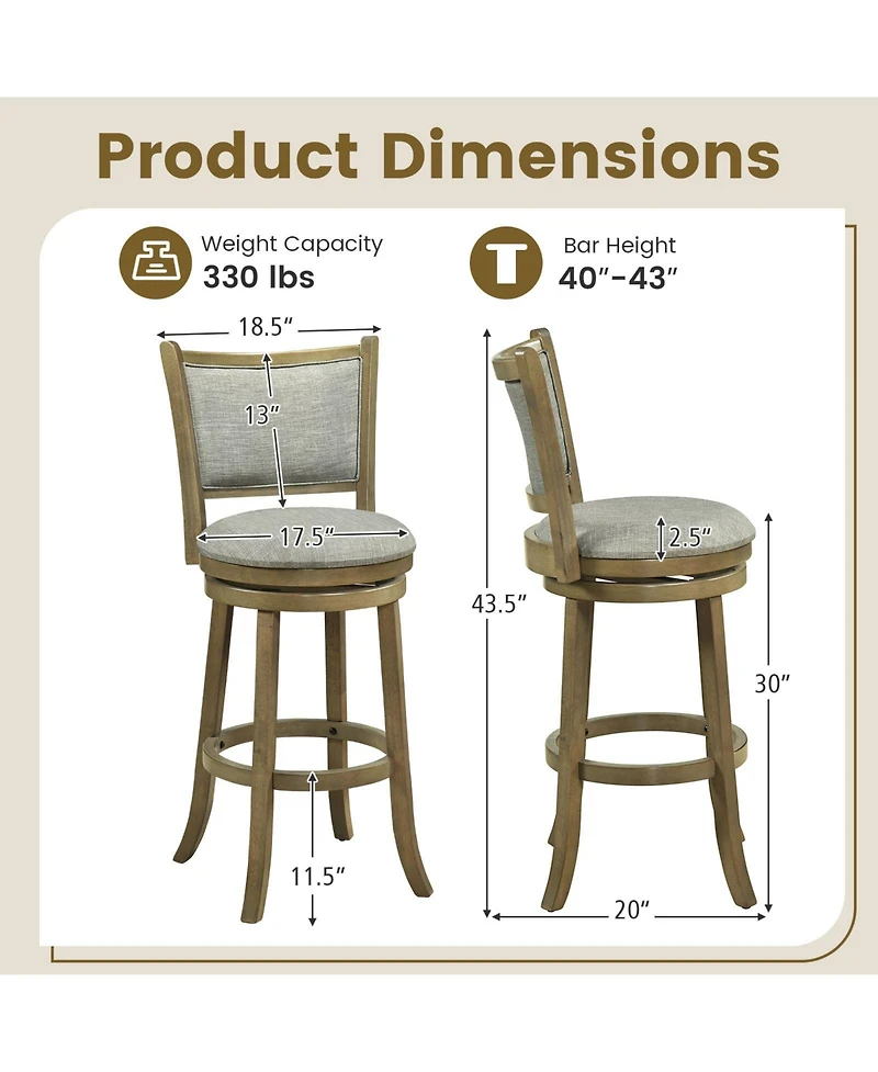 Gymax Swivel Bar Stools Set of 4 30 Inch Bar Height Chairs with Backrests and Wood Frame