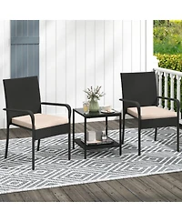 Gouun 3-Piece Pe Rattan Patio Chair Set with Tiered Glass Side Table and Seat Cushions