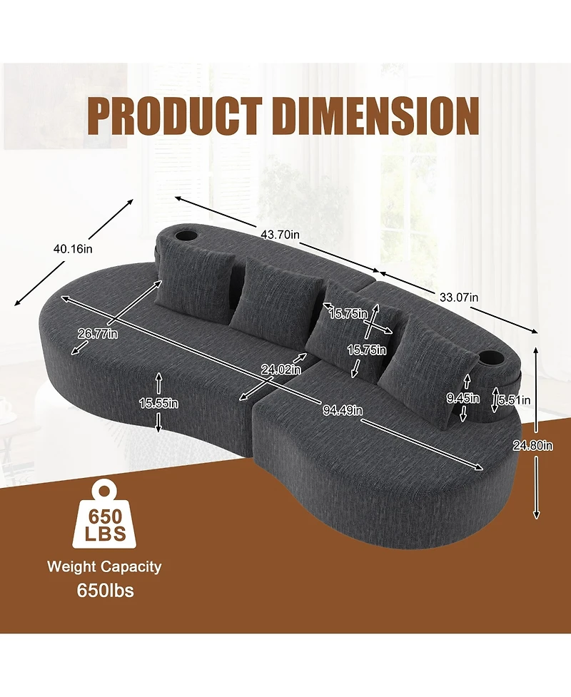 Rainsken 3-Person Modular Half Moon Sofa, Sleek Curved Sectional Couch with Chenille Fabric, Cup Holders and Side Storage Pockets for Living Room