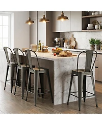 Gymax Metal Bar Stools Set of 4 24'' Counter Height Barstools with Backrests and Footrests