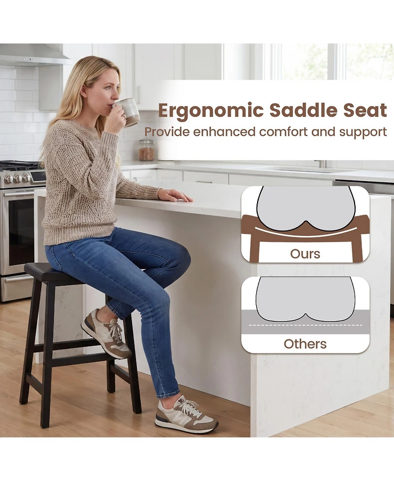 Gymax Solid Wood Saddle Bar Stools Set of 4 Backless Wooden Barstools with Footrests