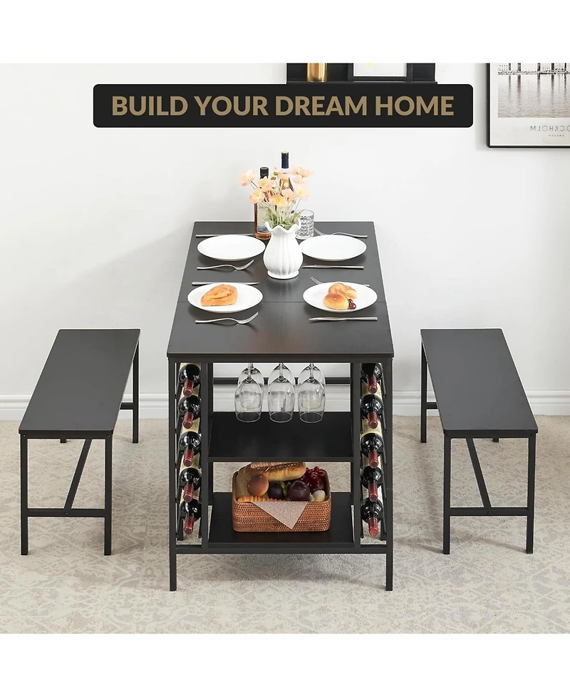 gaomon 3-Piece Dining Set: Table, 2 Benches, Wine Rack and Storage Shelf