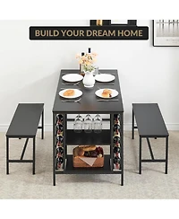 gaomon 3-Piece Dining Set: Table, 2 Benches, Wine Rack and Storage Shelf