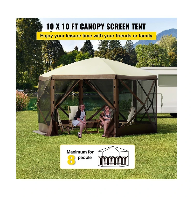 Sugift 10 x 10 ft Pop-Up Camping Gazebo Screen Tent 6 Sided Canopy Shelter for 8 People