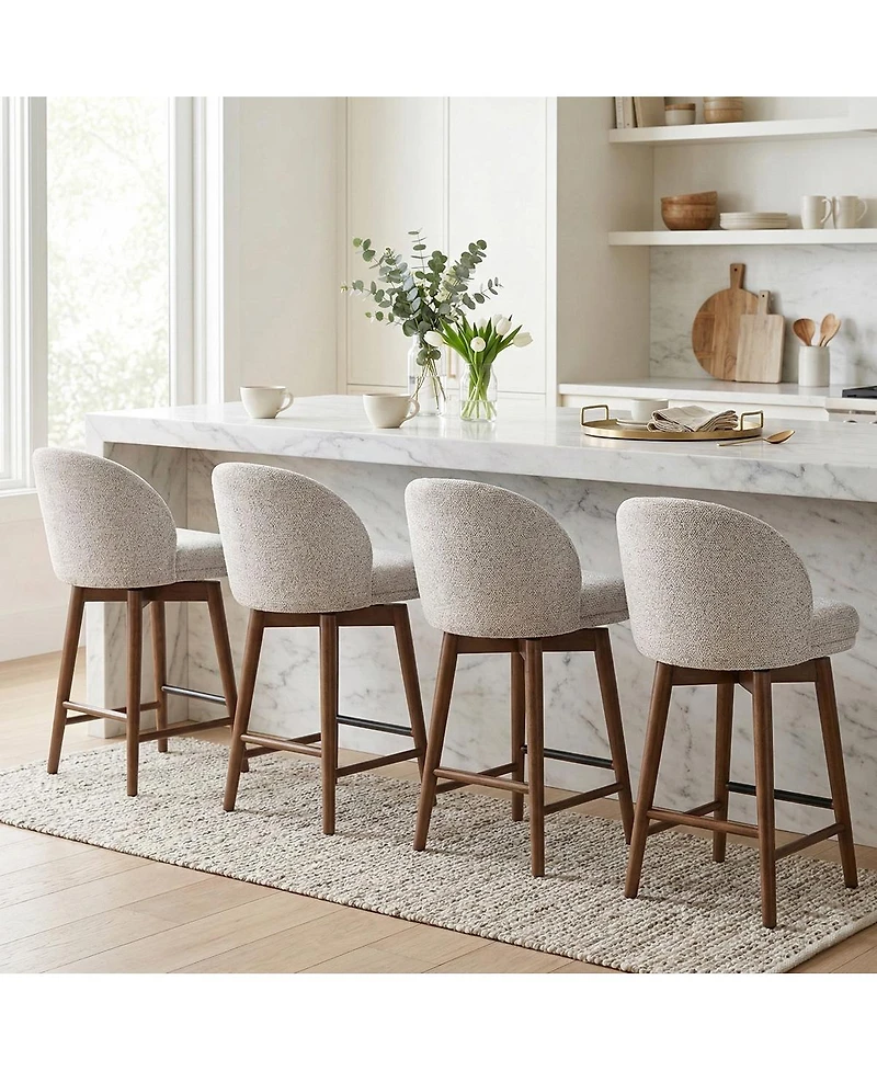 Maison Boucle Set of 4 Chenille Swivel Counter Height Stools, Walnut Wood Legs