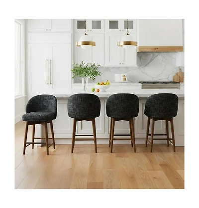 Maison Boucle Set of 4 Chenille Swivel Counter Height Stools, Walnut Wood Legs