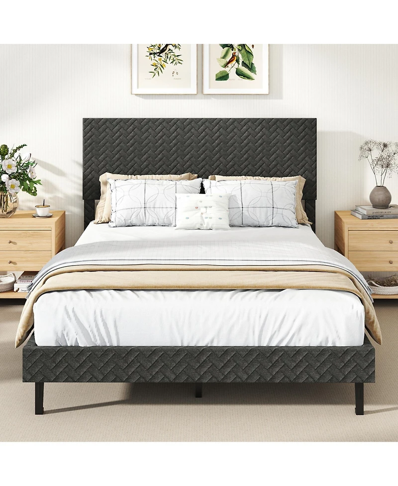 Slickblue Upholstered Velvet Platform Bed with Chevron Headboard