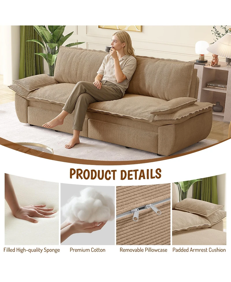 Rainsken 73.2" Velvet Upholstered Queen Sofa Bed, 3-in-1 Convertible Pull-Out Loveseat with Soft Armrests for Guest and Living Spaces