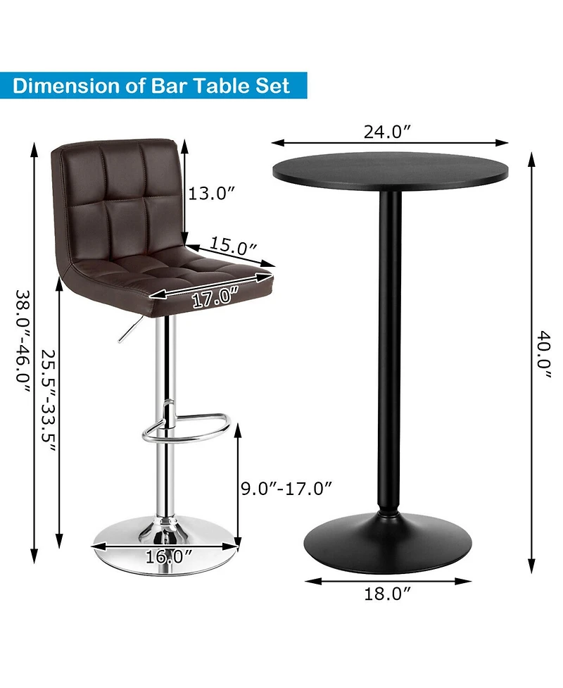 Gymax 3PCS Pub Table Set 24'' Round Bar Table and 2 Adjustable Bar Stools