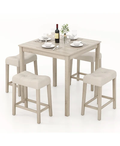 Gymax 5 Pcs Square Bar Table Set for 4 with Padded Stools Rubber Wood Legs for Kitchen
