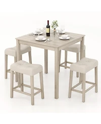 Gymax 5 Pcs Square Bar Table Set for 4 with Padded Stools Rubber Wood Legs for Kitchen