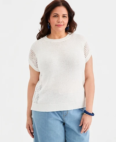 Style & Co Plus Mixed Open-Stitch Dolman-Sleeve Sweater, Macy's Exclusive