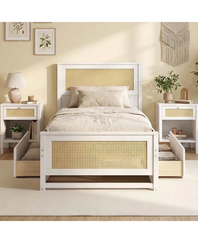 Slickblue Rattan Twin Bed Frame with Built-in Storage Drawers