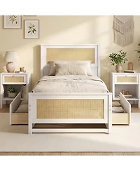 Slickblue Rattan Twin Bed Frame with Built-in Storage Drawers