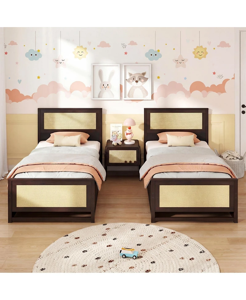 Slickblue Rattan Twin Bed Frame with Built-in Storage Drawers