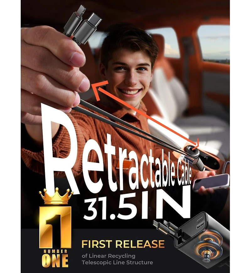 Lisen Retractable Car Charger 4-in-1, 69W Usb-c Car Adapter with Built-in Cables, Multi Device Charging for iPhone, Samsung