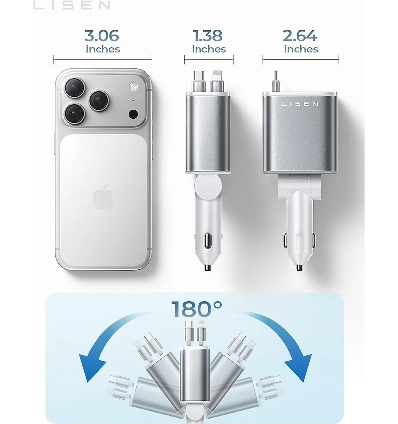 Lisen Retractable Car Charger 4-in-1, 75W Fast Charging Usb-c Car Adapter with Built-in Cables, Multi Device Charger for iPhone, Samsung, iPad