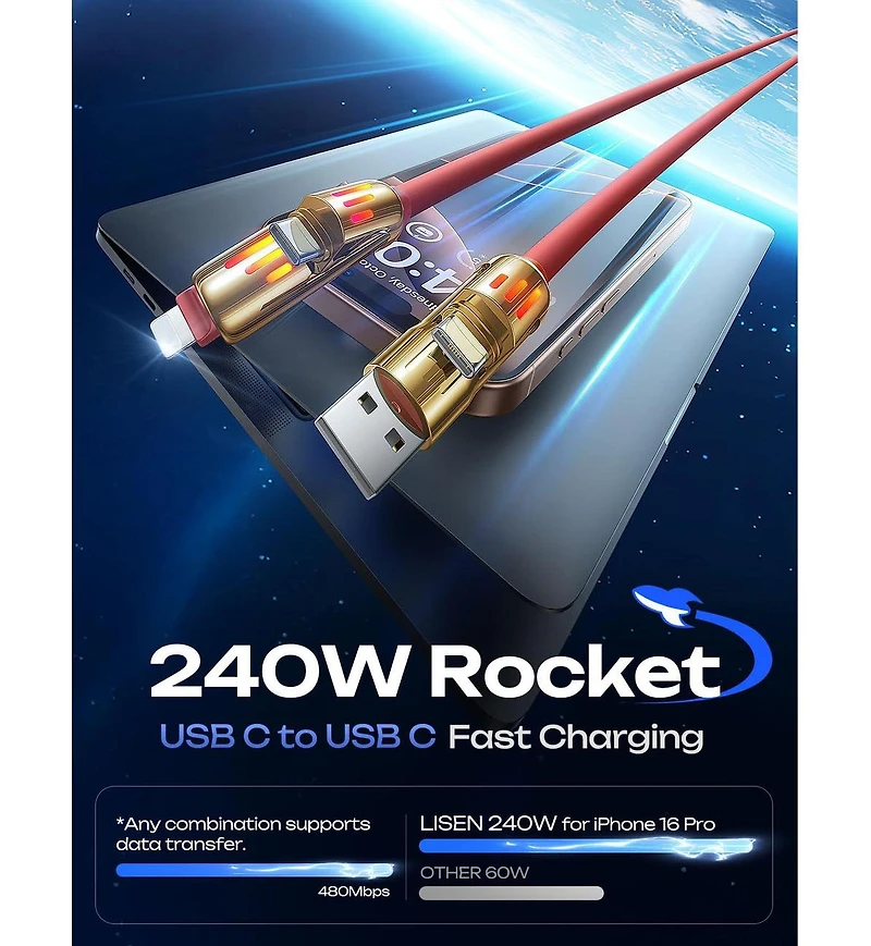 Lisen 2-Pack 240W 4-in-1 Charging Cable, Usb-c and Lightning Multi Charger Cable for All Devices, Fast Charging Cord for Travel, Home and Car