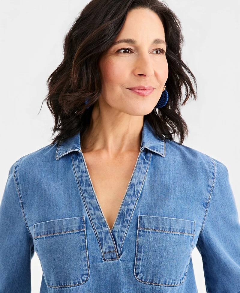 Style & Co Women's 3/4-Sleeve Denim Popover Top, Macy's Exclusive