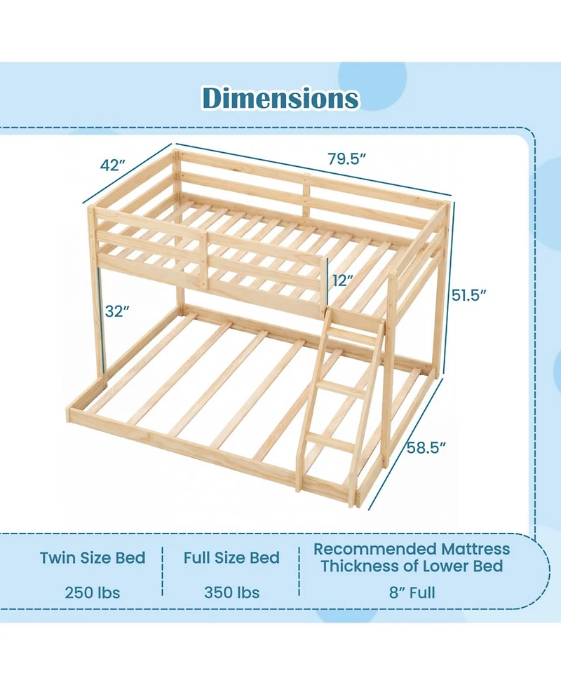 Slickblue Low Floor Twin Over Full Bunk Bed Frame for Kids, Space Saving Bedroom Solution