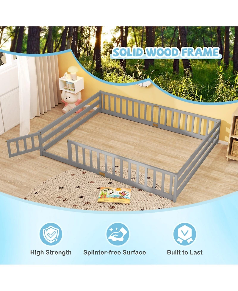 Slickblue Kids Floor Bed Frame with Full Length Guardrails, Montessori Style Safe Sleeping