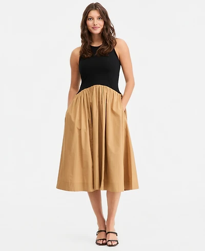 On 34th Women's Curved-Waist Mixed-Media Midi Dress, Macy's Exclusive