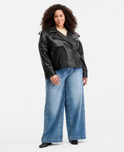 Maralyn & Me Trendy Plus Cropped Double-Breasted Faux-Leather Trench Coat