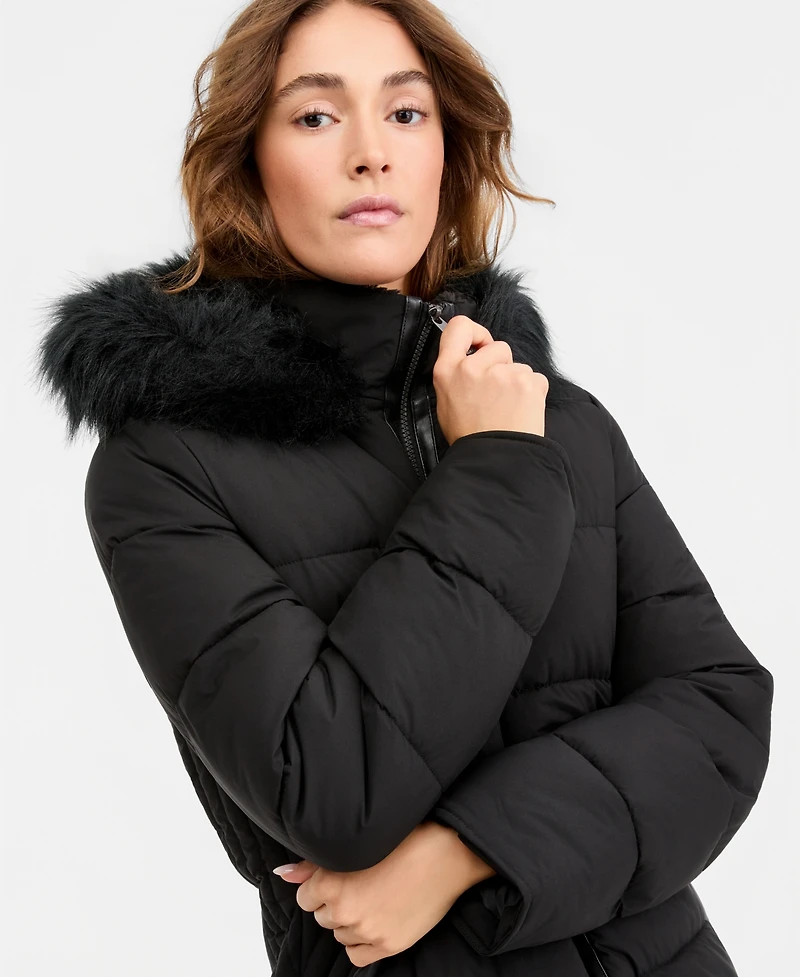 Maralyn & Me Juniors' Hooded Faux-Fur-Trim Puffer Coat