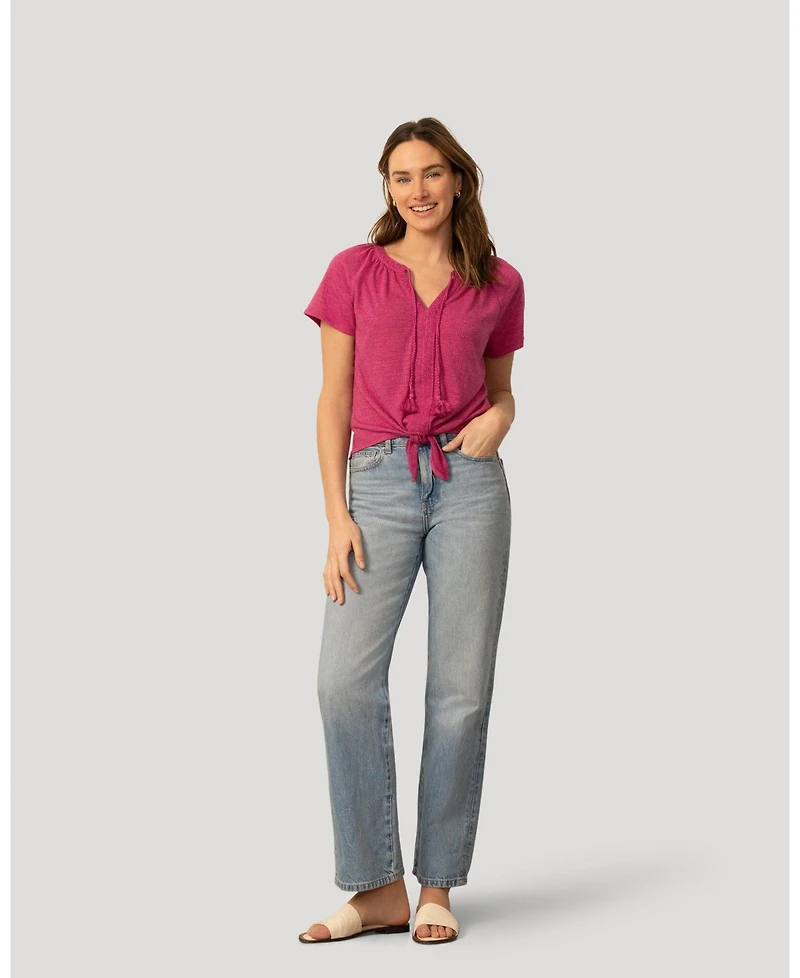 Cable & Gauge Women's Embroidered Split Neck Tie Top