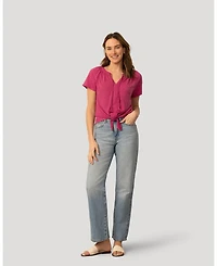 Cable & Gauge Women's Embroidered Split Neck Tie Top