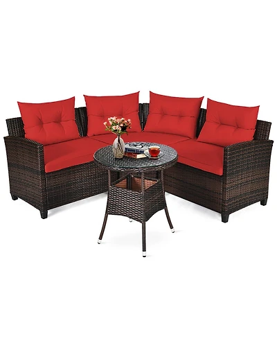 Gymax 4PCS Patio Furniture Set Outdoor Rattan Sectional Sofa Set w/ Cushions