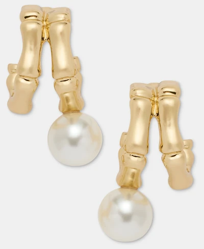 Anne Klein Gold-Tone Two-Row Bamboo Faux-Pearl Drop Huggie Earrings