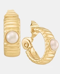 Anne Klein Gold-Tone Omega Faux-Pearl Hoop Ez Comfort Clip Earrings