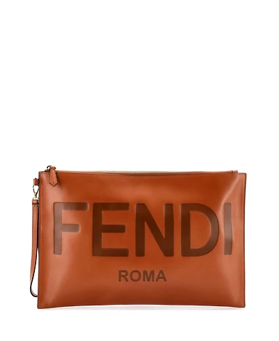 Pre-Owned Fendi Large Logo Flat Wristlet Pouch Embossed Leather