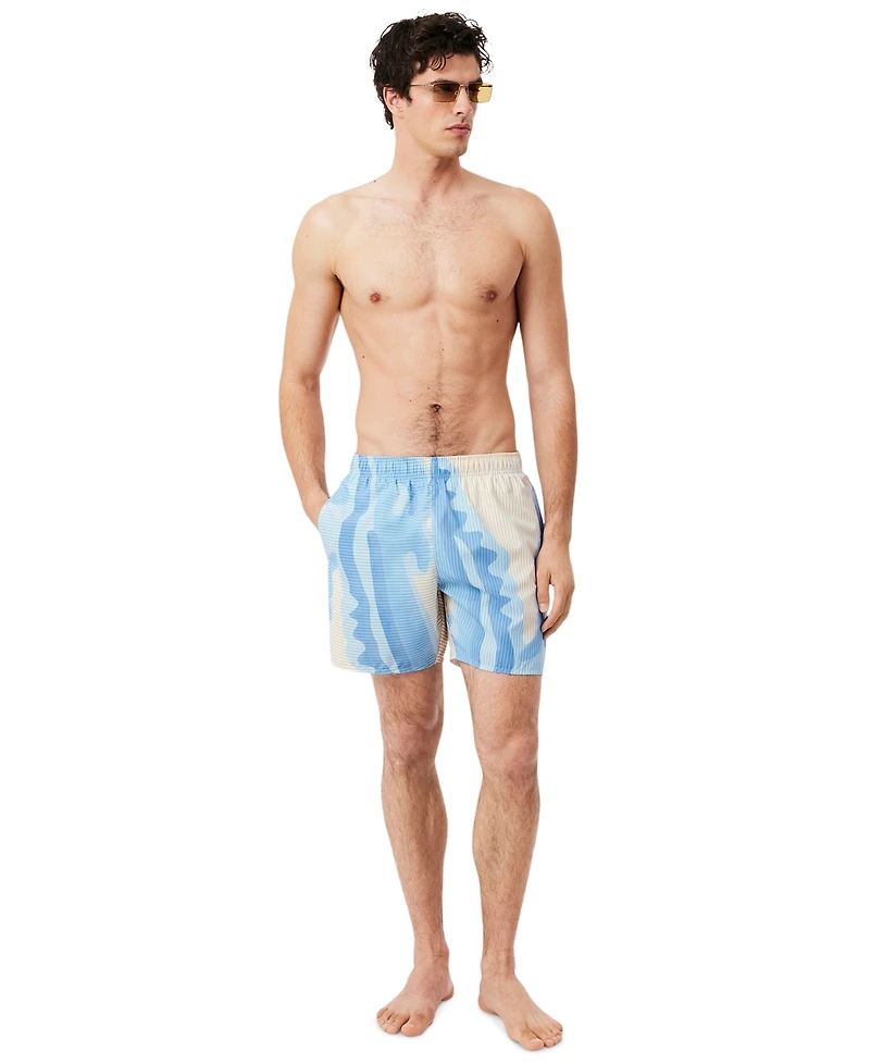 Lacoste Men's Polyester Mid-Length Striped Swim Trunks