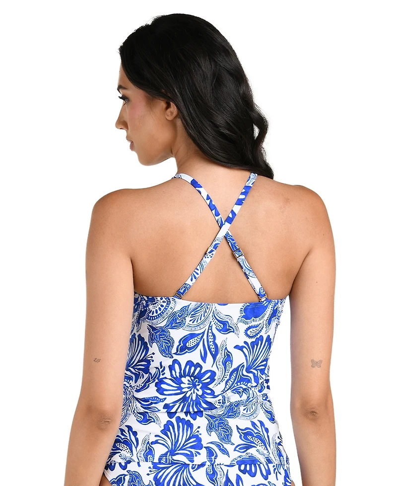La Blanca Women's Botanical Brocade High-Neck Keyhole Tankini Swim Top