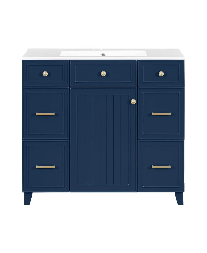 Sillysis 36 Inch Bathroom Vanity with Ceramic Sink, Solid Wood Frame, Ample Storage Drawers and Soft Close Door for Small Spaces