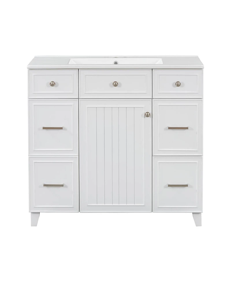 Sillysis 36 Inch Bathroom Vanity with Ceramic Sink, Solid Wood Frame, Ample Storage Drawers and Soft Close Door for Small Spaces