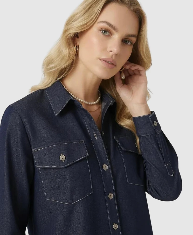 Modenaire Women's Denim Collared Button-Front Pocket Shirt