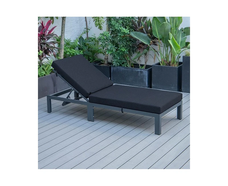 LeisureMod Chelsea Patio Chaise Lounge Chair Black Aluminum 4-Position Adjustable Reclining Outdoor Sun Lounger for Pool Rust-Proof Frame