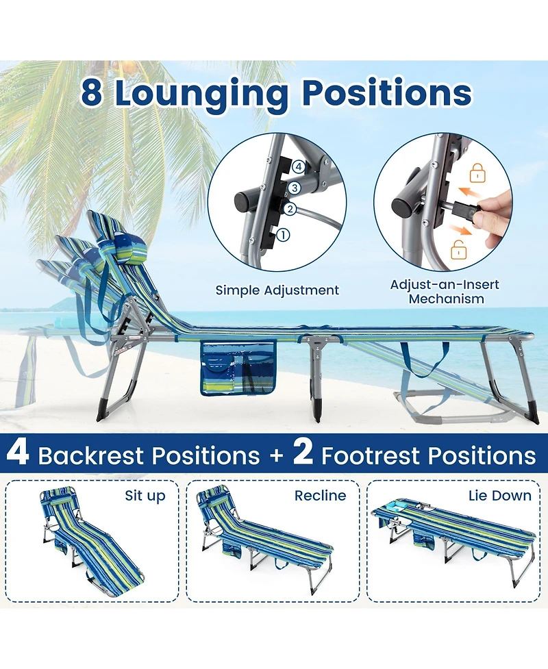 Gymax 2PCS Tanning ChairPortable Chaise Lounge Chair w/4-Position Adjustable Backrest