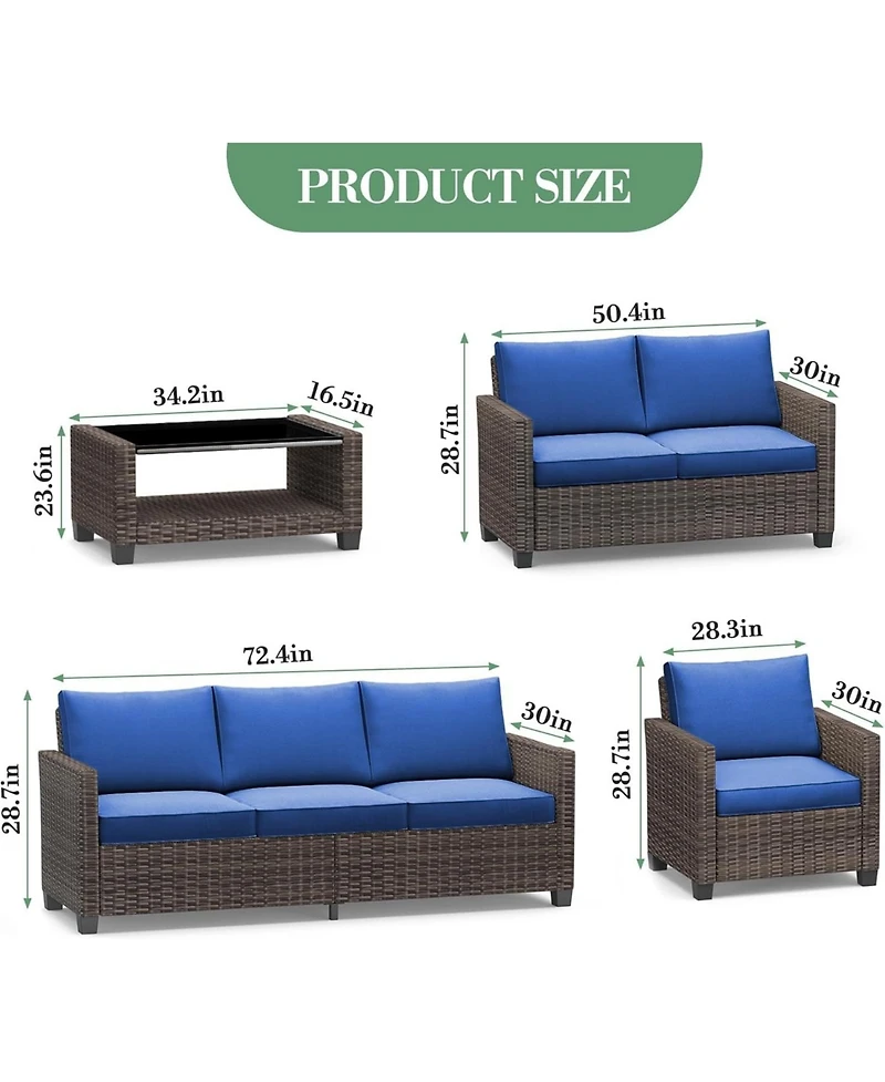 gaomon 5-Piece Outdoor Patio Wicker Sectional Sofa Set with Glass Table