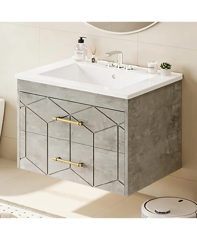 gaomon Floating Bathroom Vanity with Sink, Modern Wall-Mounted Cabinet Ceramic Top, 2 Drawer Storage for Small or Apartment